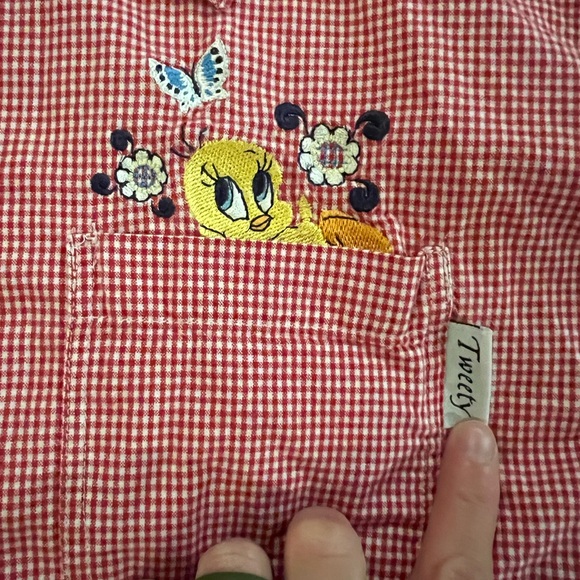 Vtg Tweety Red White Check Button Up Shirt Plus 22W 24W Embroidered 1/2 Sleeve - Picture 2 of 5